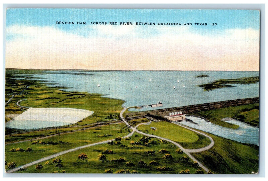 c1940 Aerial Denison Dam Across Red River Between Bridge Oklahoma Texas Postcard