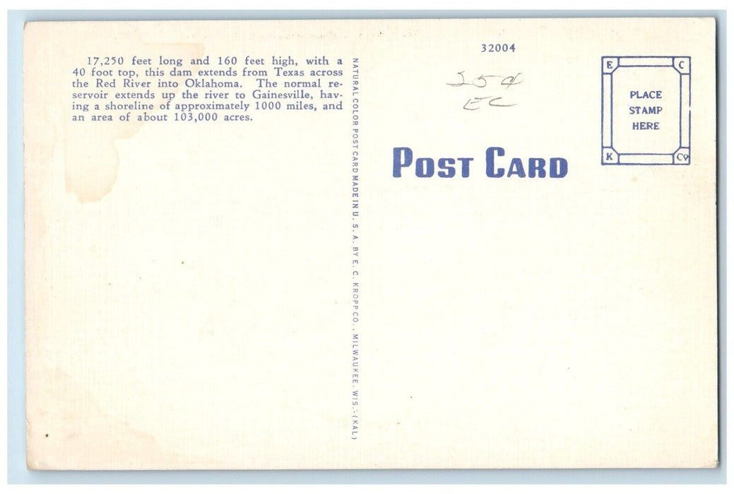 c1940 Aerial Denison Dam Across Red River Between Bridge Oklahoma Texas Postcard