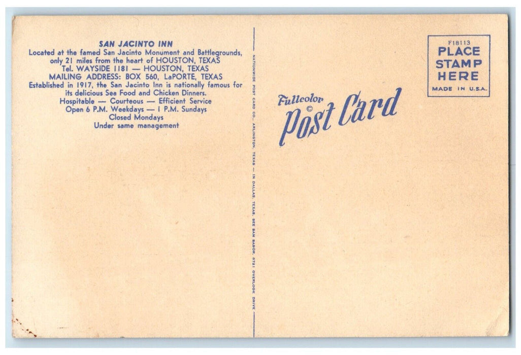 c1940 San Jacinto Inn Monument Battlegrounds Exterior Houston Texas TX Postcard