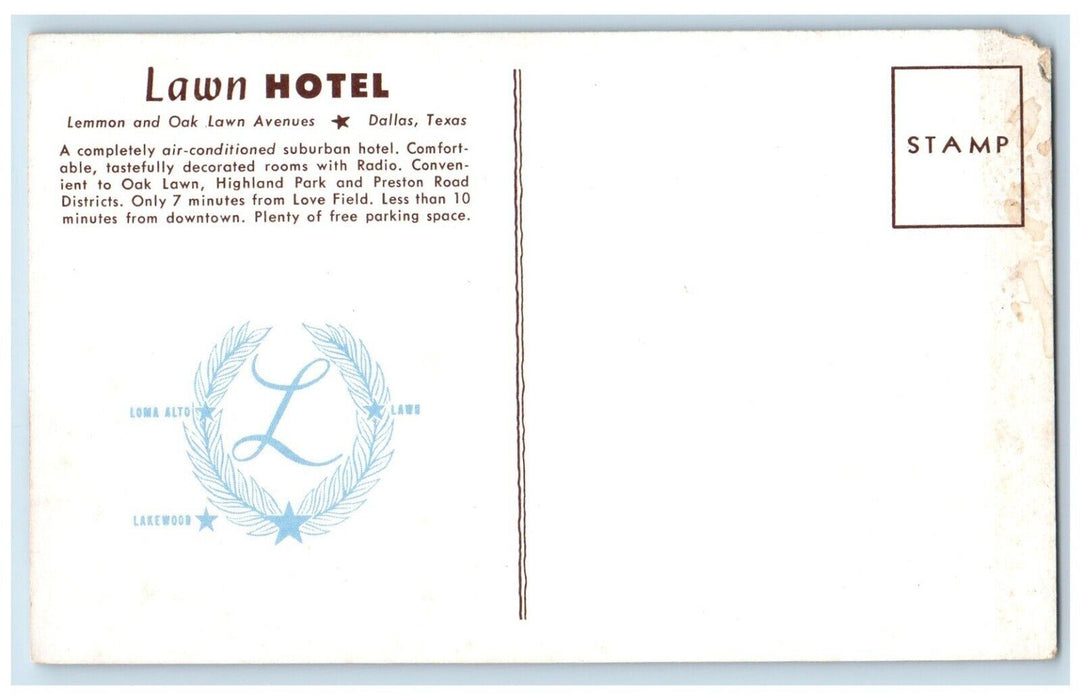 c1960 Lawn Hotel Lemmon Oak Lawn Avenues Exterior Parking Dallas Texas Postcard