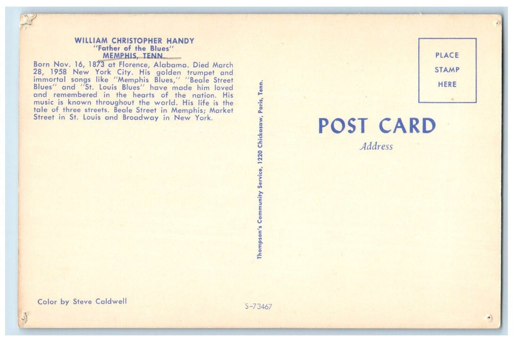 c1960 William Christopher Handy Statue Father Blues Memphis Tennessee Postcard