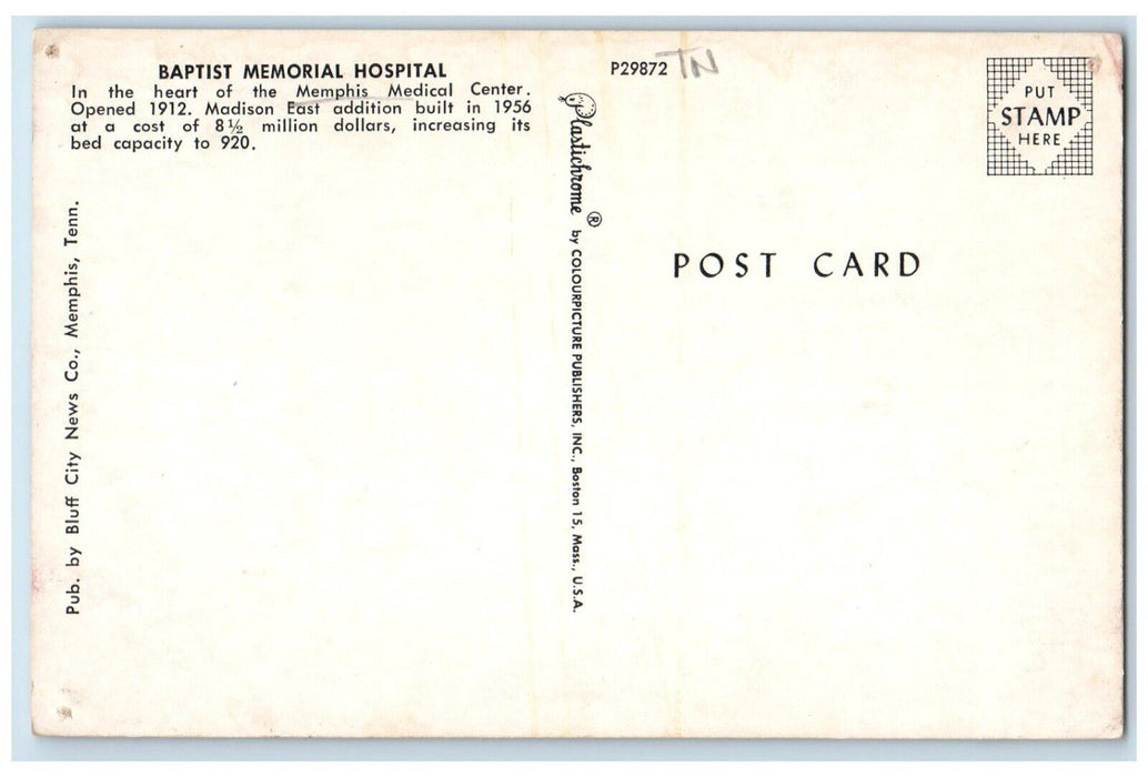 c1960 Baptist Memorial Hospital Road Memphis Medical Center Tennessee Postcard