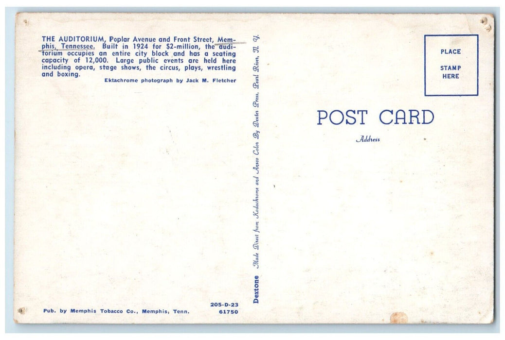 c1960 Auditorium Poplar Avenue Front Street Exterior Memphis Tennessee Postcard