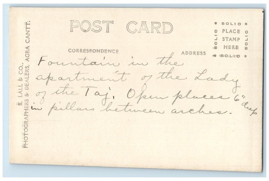 c1910's Lady Of The Taj Apartment Fountain View Agra India RPPC Postcard