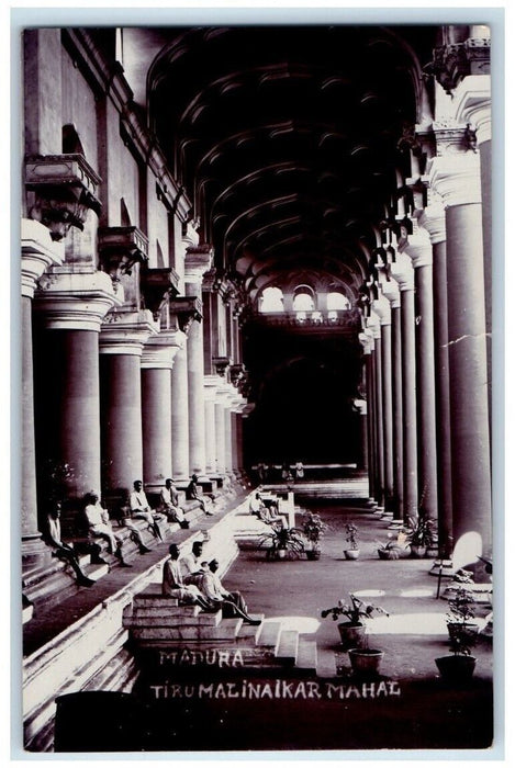 c1930 Old Temple Interior Crowd View Madurai India RPPC Unposted Postcard