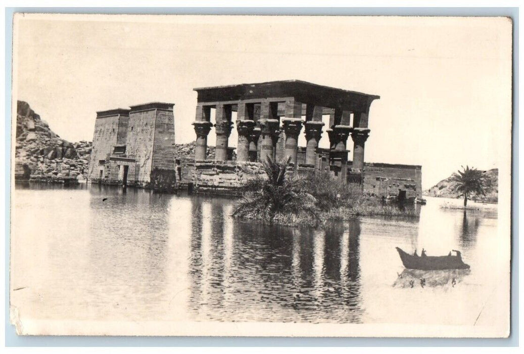 c1920's Temple Of Goddess Isis River Boat View Assouan Egypt RPPC Postcard