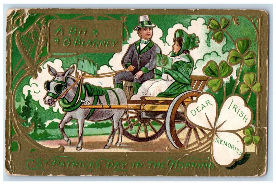 c1905 St. Patrick's Day Couple Riding Horse Carriage Shamrocks Embossed Postcard