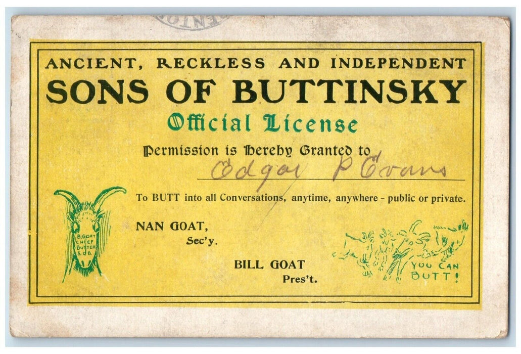 c1905 Sons Of Buttinsky Official License Bill Goat You Can Butt Humor Postcard
