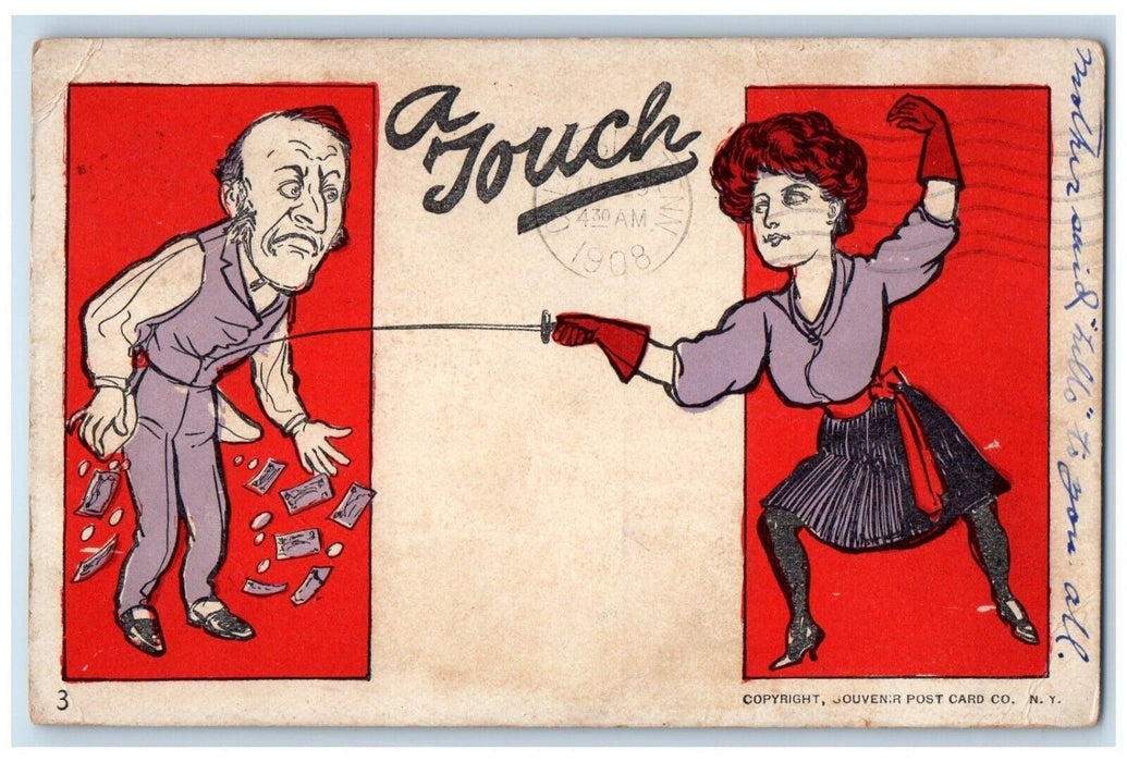 1908 Woman Fencing Man Released Money Santa Fe Texas TX Antique Postcard