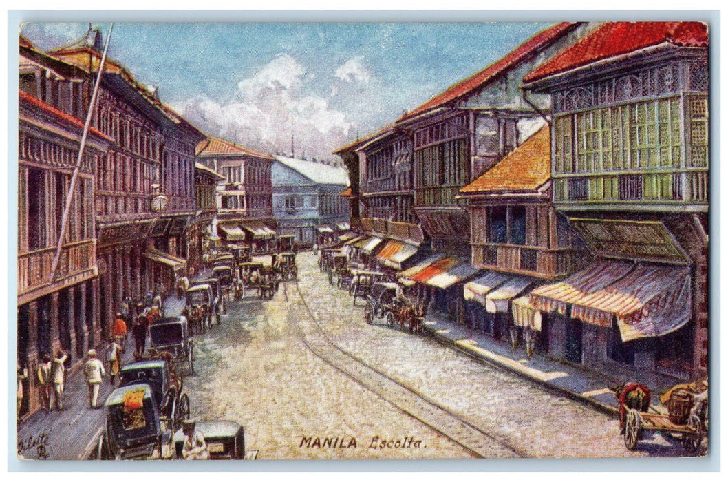 c1910 Horse Carriage Business Section Escolta Manila Oilette Tuck Art Postcard