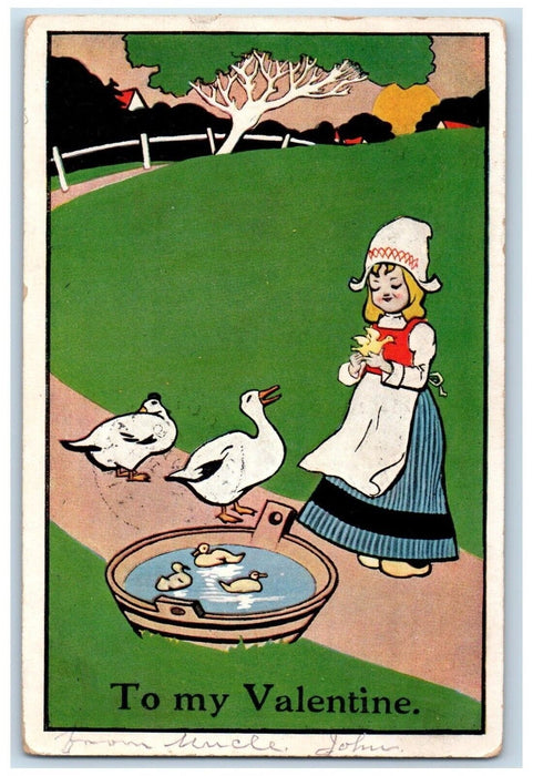 1907 Valentine Dutch Girl Holding Duckling Ducks Los Angeles CA Antique Postcard