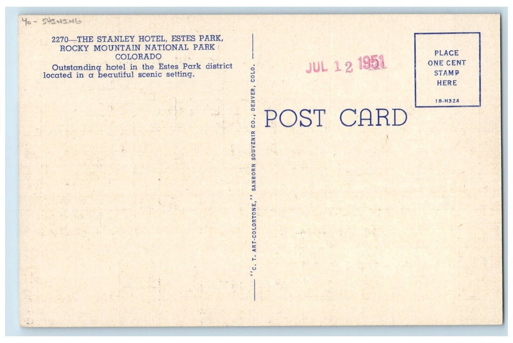 The Stanley Hotel Estes Park Rocky Mountain National Park CO Shining Postcard