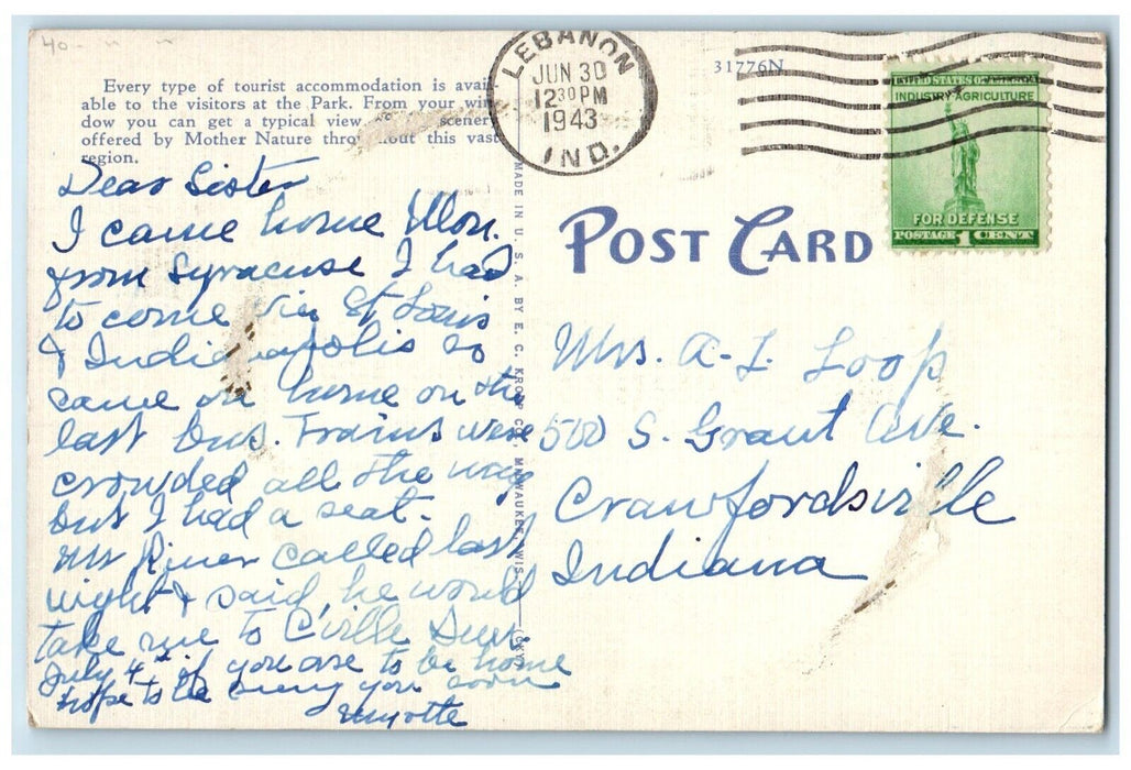 1943 View Of Hotel Stanley Estes Park Colorado CO Shining, Lebanon IN Postcard