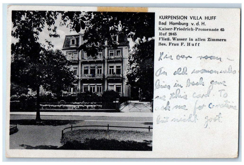 1944 Kurpension Villa Bad Homburg Kaiser Friedrich Promenade Germany Postcard