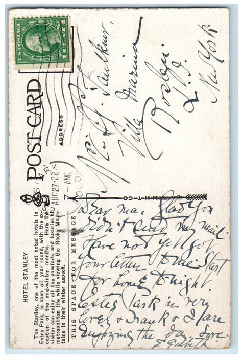 1922 Stanley Hotels Estes Park CO, Rocky Mountain National Park Shining Postcard