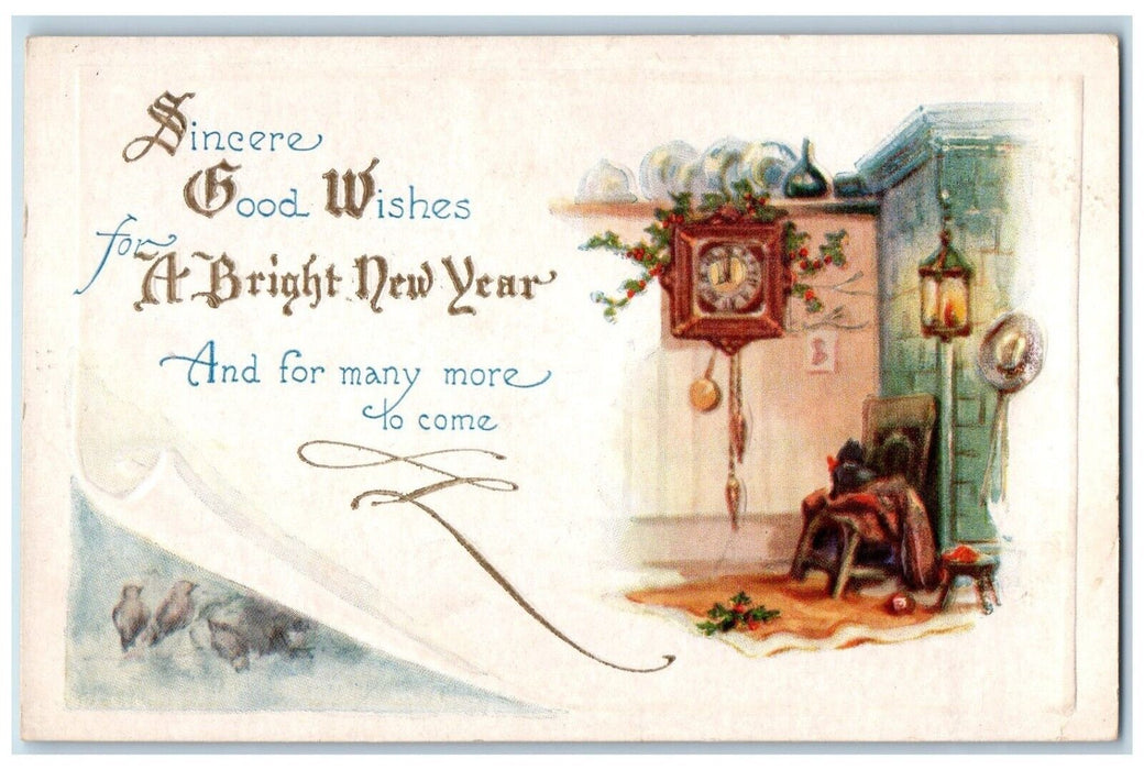 1922 New Year Ringing Clock Holly Berries Tide Christmas Seal Embossed Postcard