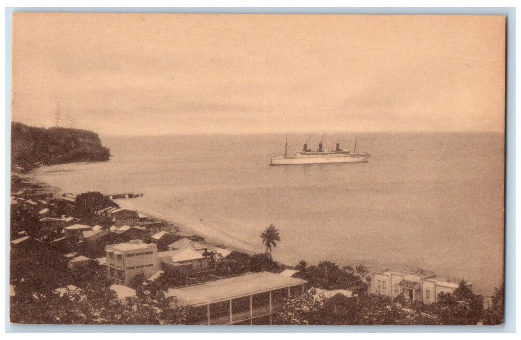 c1940's St. Pierre With Tourist Ship Entering The Roadstead France Postcard