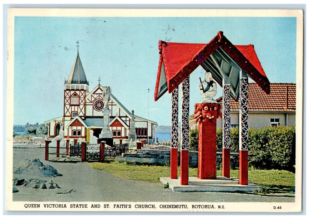 c1950's Queen Victoria Statue St. Faith's Church Ohinemutu Rotorua NZ Postcard