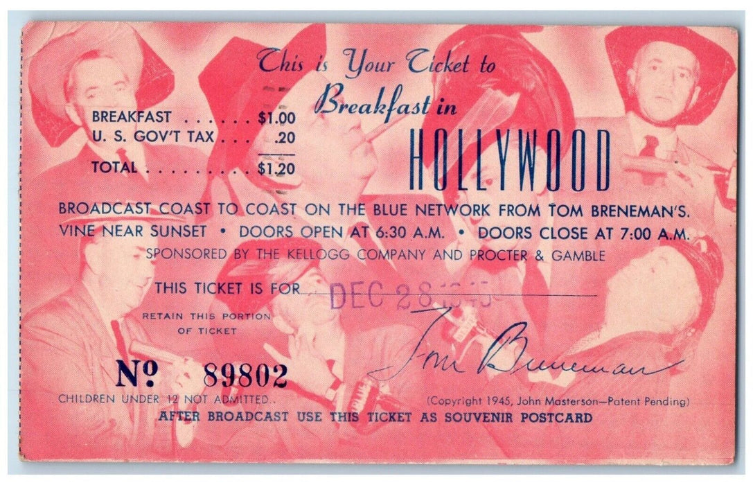 1945 Ticket Breakfast In Hollywood Advertising Los Angeles CA Vintage Postcard