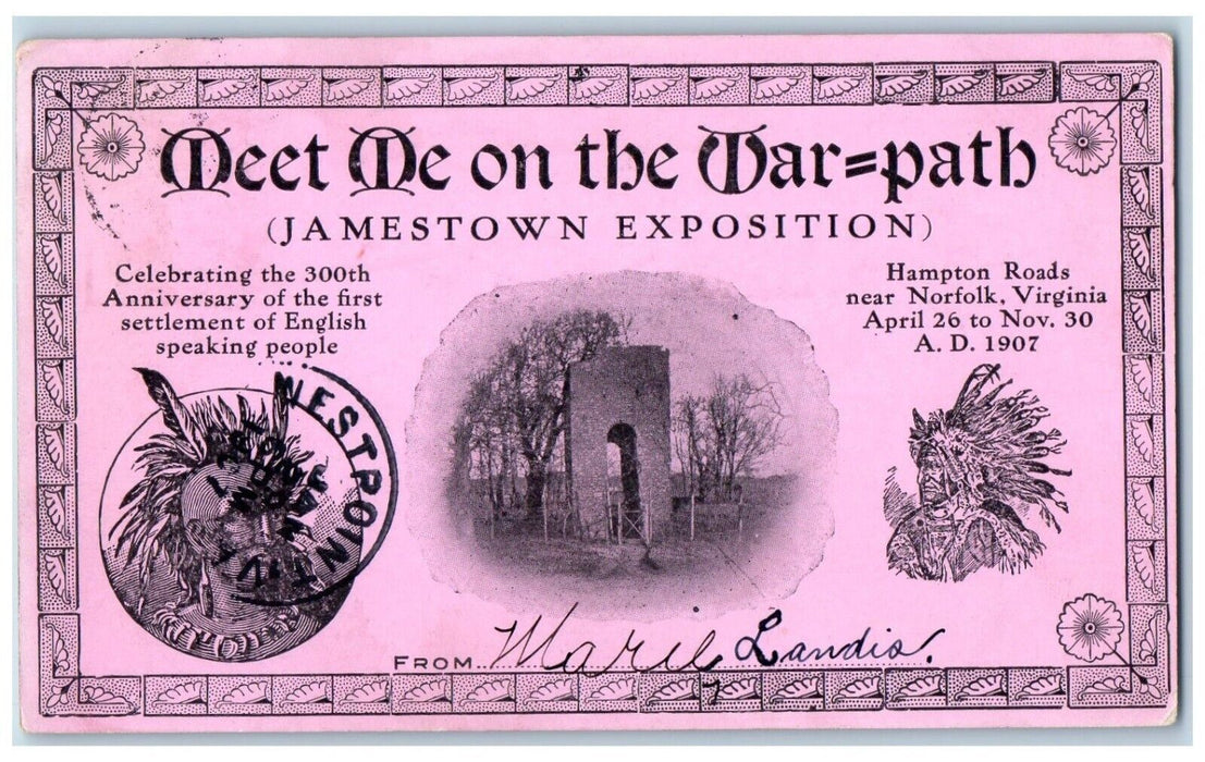 1907 Meet Me On The War Path Jamestown Exposition Norfolk Virginia VA Postcard