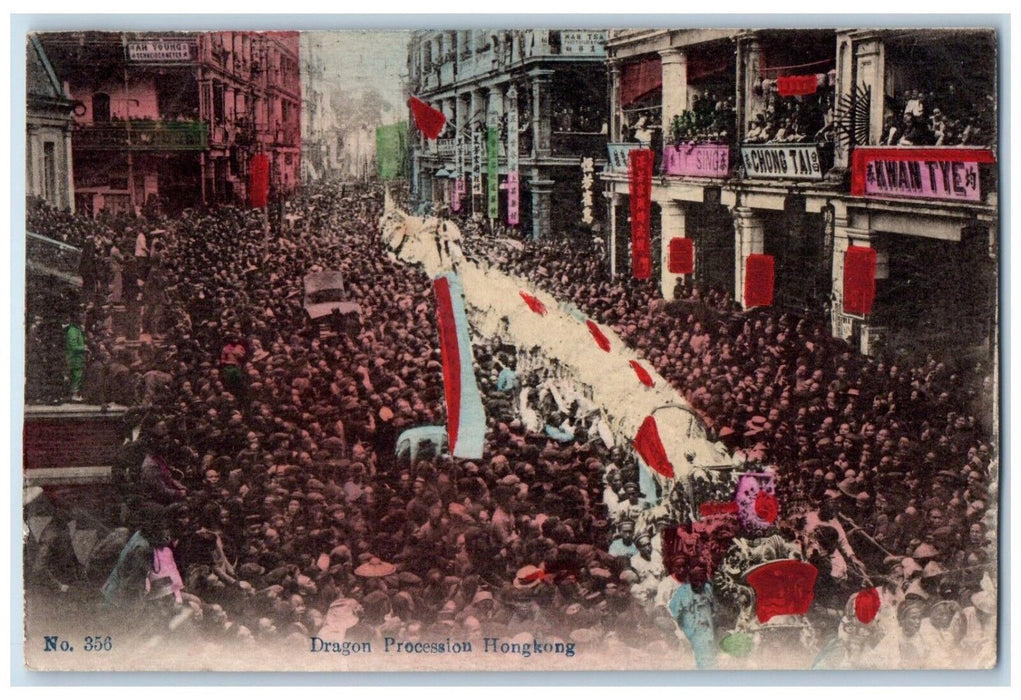c1930's Dragon Procession Hongkong China, Crowded People Chong Thai Postcard