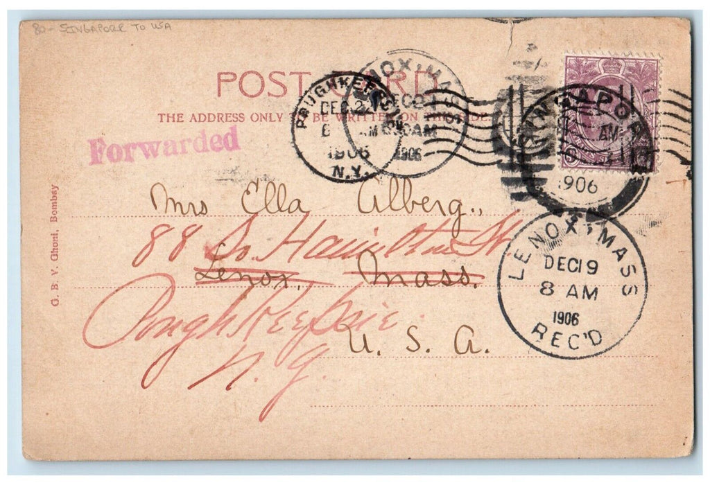 1906 Parsee Tower Of Silence Bombay India, Singapore To USA Antique Postcard