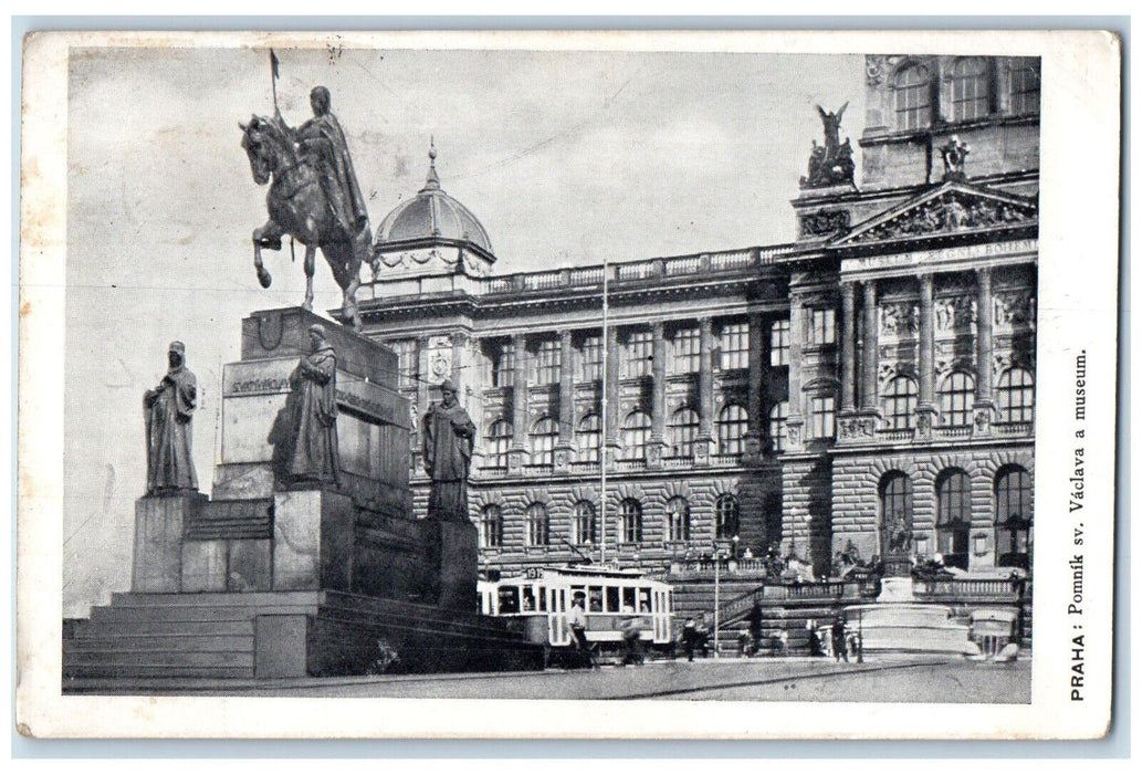 1936 Prague Monument to St. Vaclav and Museum Czech Republic Vintage Postcard