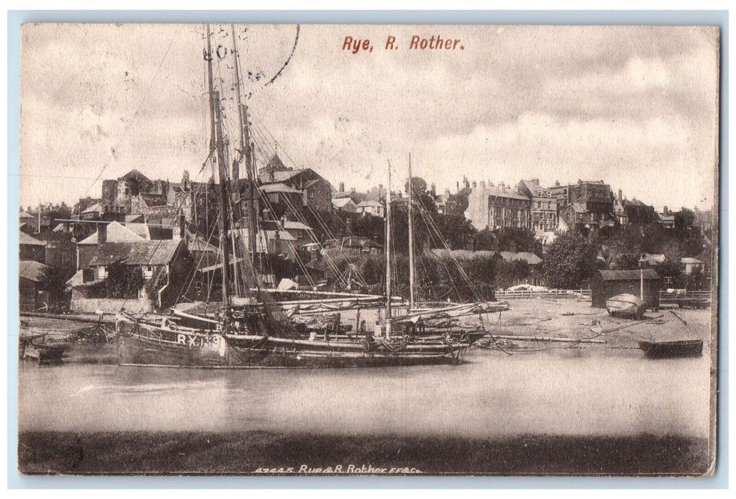 1909 Schooner Boat Rye East Sussex Rother England Antique Posted Postcard
