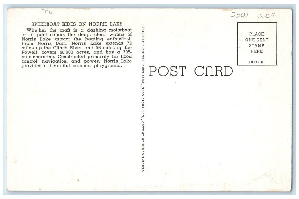 c1940 Speedboat Rides Norris Lake Motorboat Canoe Dam Clinch River TN Postcard