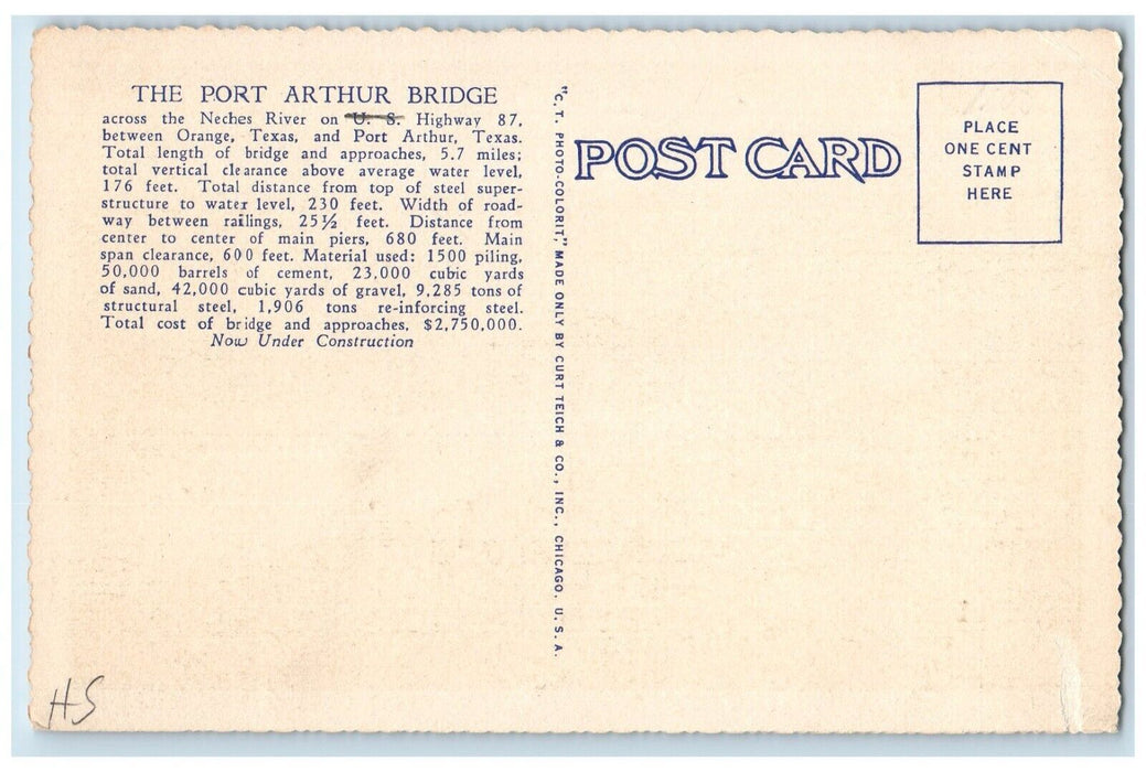 c1940 Port Arthur Bridge Neches River Orange Port Arthur Texas Unposted Postcard