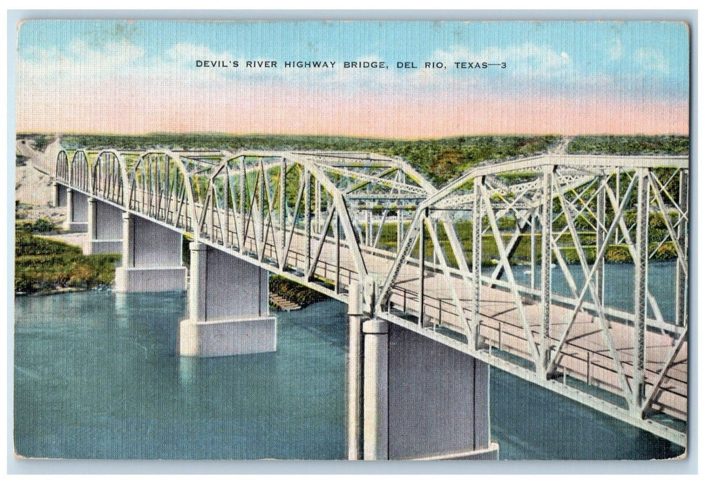 c1940 Birds Eye View Devil's River Highway Bridge Del Rio Texas Vintage Postcard