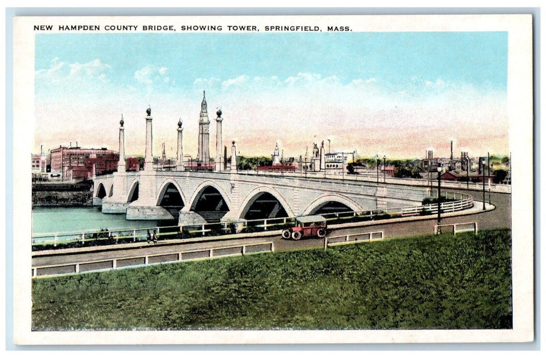 c1920 New Hampden County Bridge Showing Tower Springfield Massachusetts Postcard