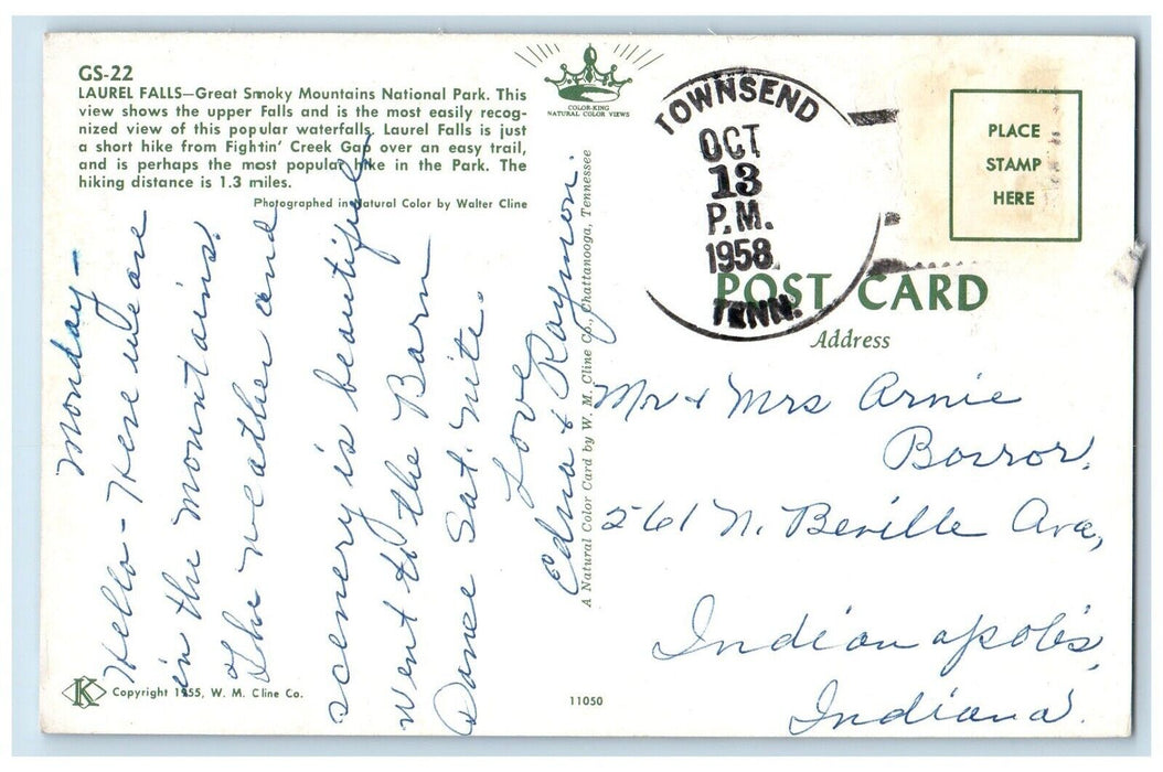 1958 Laurel Falls Great Smoky Mountains National Park River Tennessee Postcard
