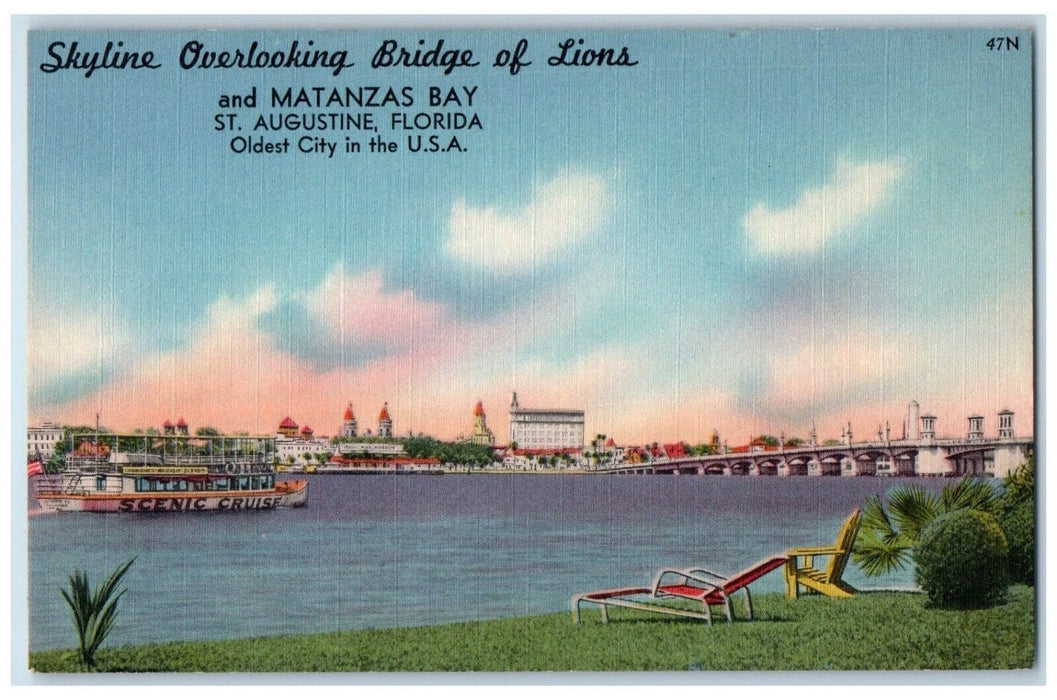 1940 Skyline Overlooking Bridge Lions Matanzas Bay St Augustine Florida Postcard