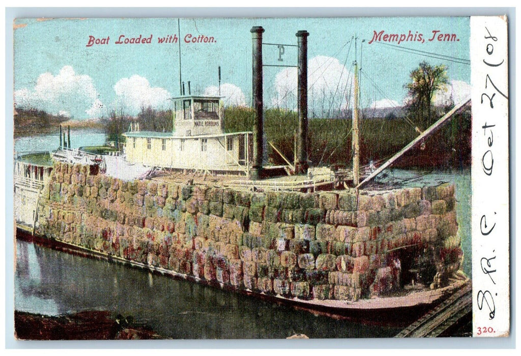 1908 Boat Loaded Cotton Steamer Ship Memphis Tennessee Vintage Antique Postcard