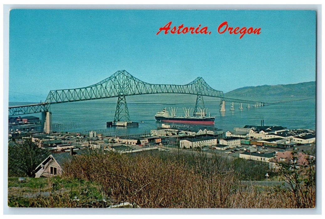 c1960 Aerial View Ocean Vessel Bridge Columbia River Astoria Oregon OR Postcard