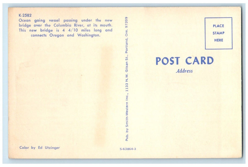 c1960 Aerial View Ocean Vessel Bridge Columbia River Astoria Oregon OR Postcard