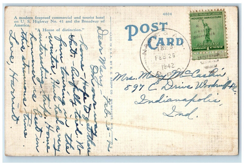 1942 Jas. Polk Tourist Hotel Exterior Building Murfreesboro Tennessee Postcard