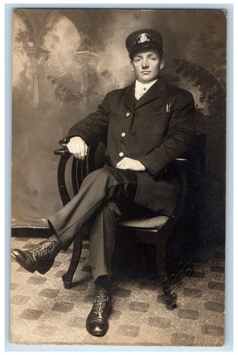 c1910's Railroad Train Conductor Studio Portrait Washington D.C.  RPPC Postcard