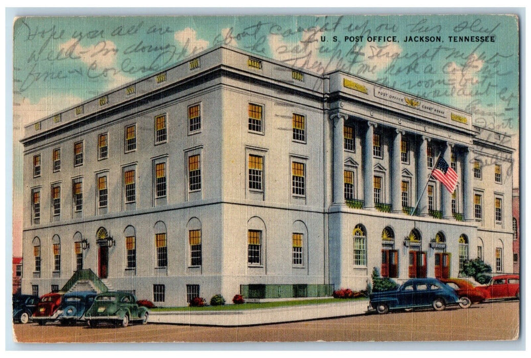 1945 U.S. Post Office Exterior Building Classic Cars Jackson Tennessee Postcard
