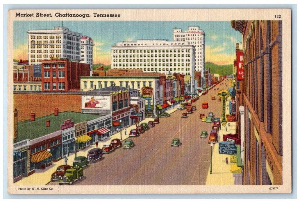 c1940 Market Street Exterior Building Classic Car Chattanooga Tennessee Postcard