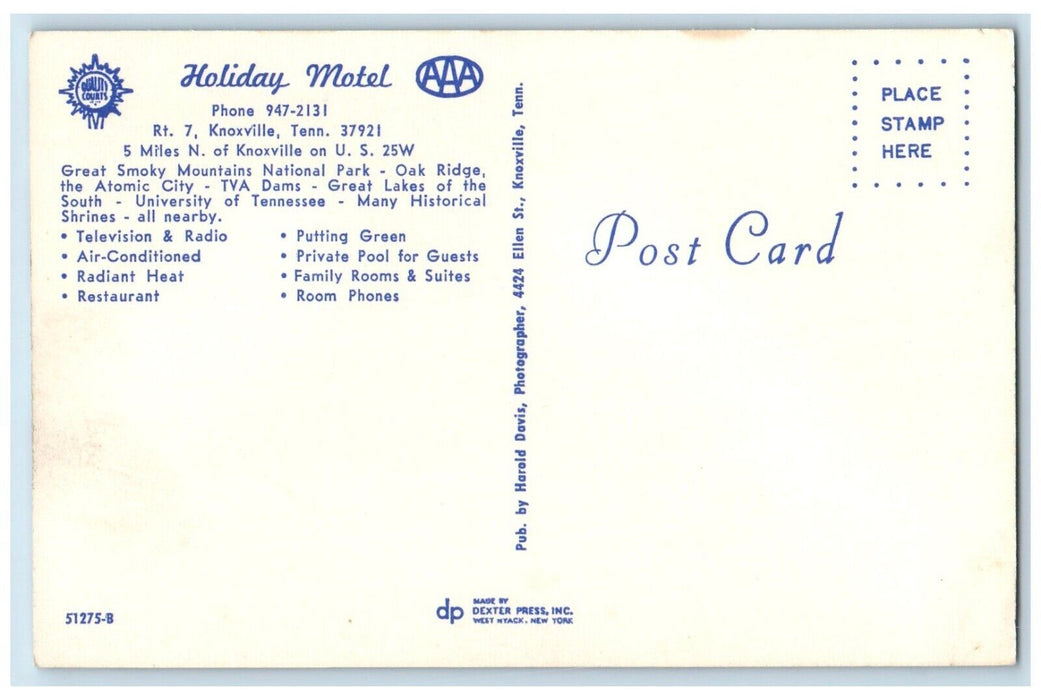 c1960 Holiday Motel Smoky Mountains National Park Knoxville Tennessee Postcard