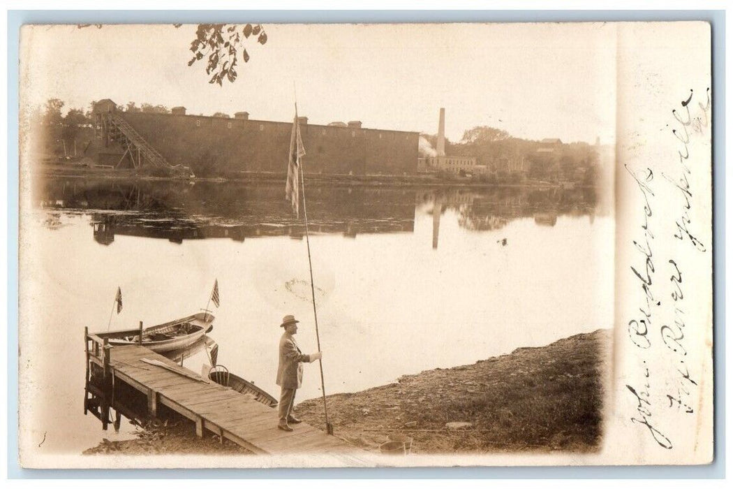 c1907 Fox River Factory Boat Dock View Yorkville New York NY RPPC Postcard
