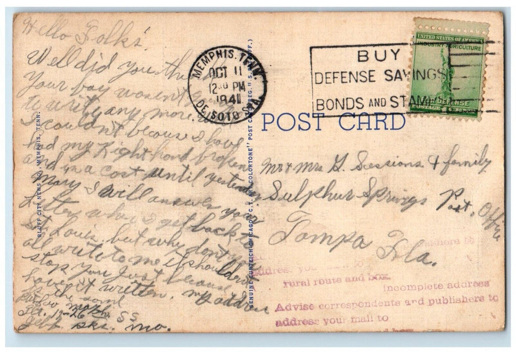 1941 Memphis Harrahan Bridges Mississippi River Memphis Tennessee TN Postcard