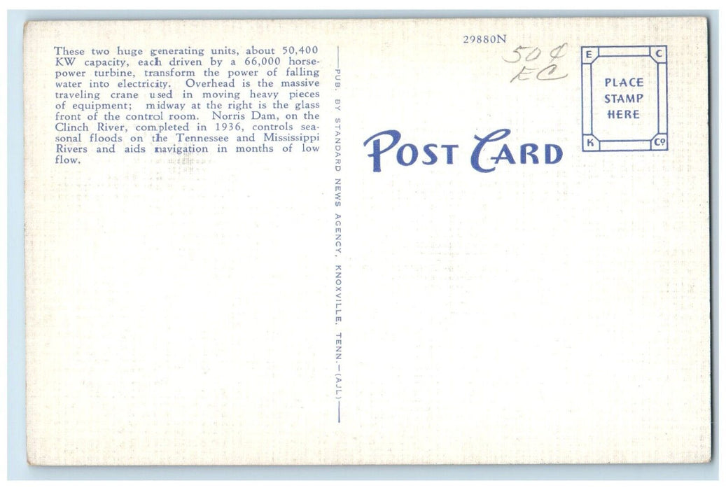 c1940 Power Plant Norris Dam Interior Factory Turbine Norris Tennessee Postcard