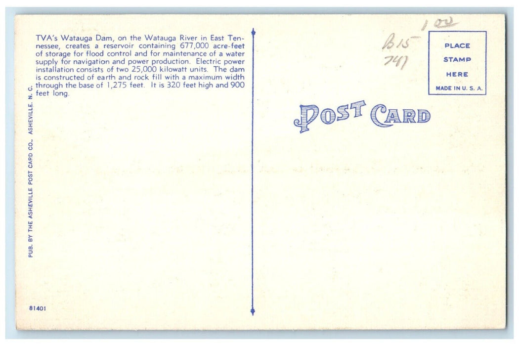 c1940 Watauga Lake Dam Mountain Trees Eastern Tennessee Vintage Antique Postcard