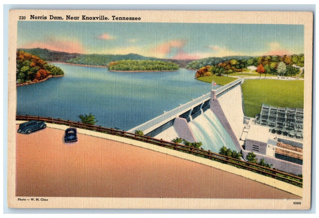 c1940 Norris Dam Near Classic Car Bridge River Lake Knoxville Tennessee Postcard