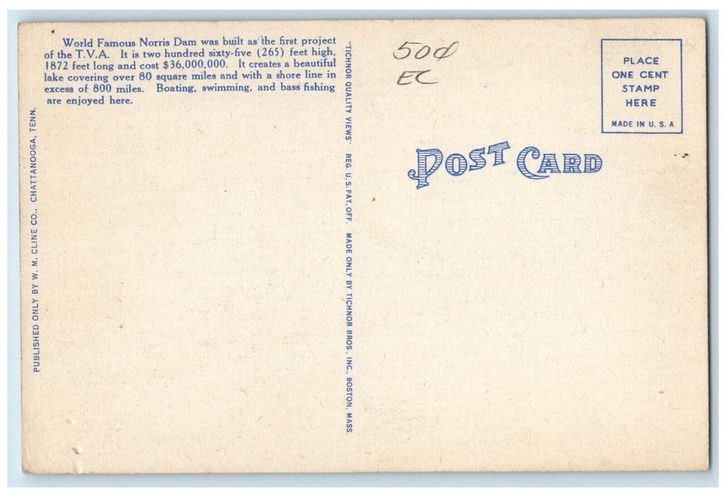 c1940 Norris Dam Near Classic Car Bridge River Lake Knoxville Tennessee Postcard