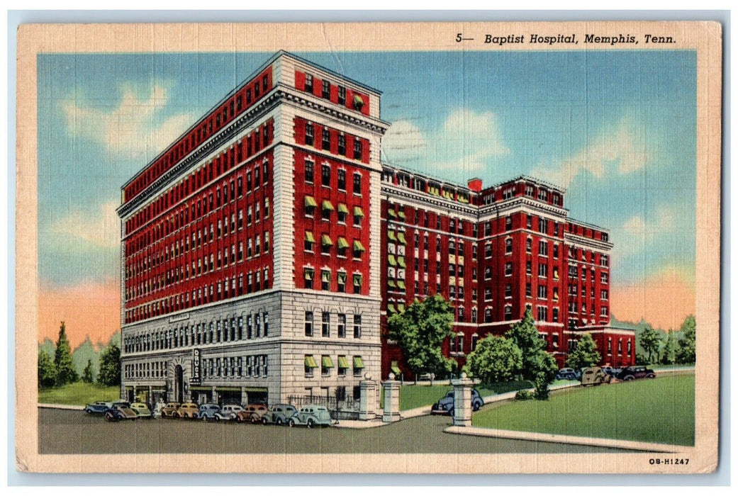 1944 Baptist Hospital Exterior Building Classic Cars Memphis Tennessee Postcard