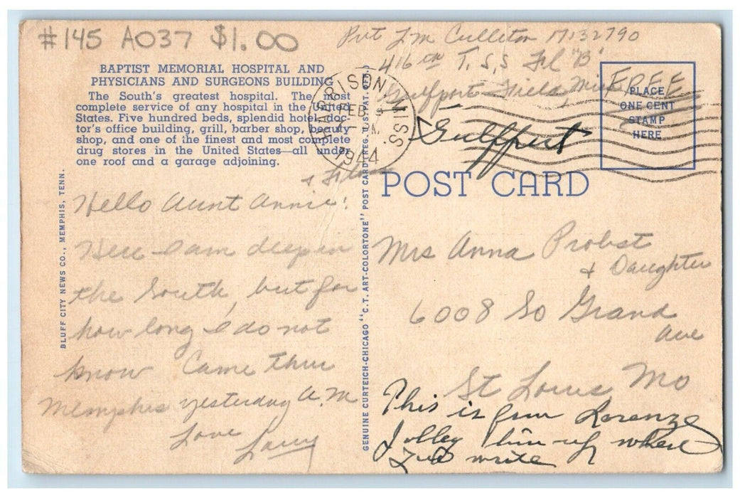1944 Baptist Hospital Exterior Building Classic Cars Memphis Tennessee Postcard